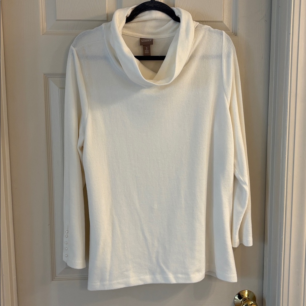 CHICO’S Cream Cowl Neck Sweater with pearl sleeve accents, size 3 NEW